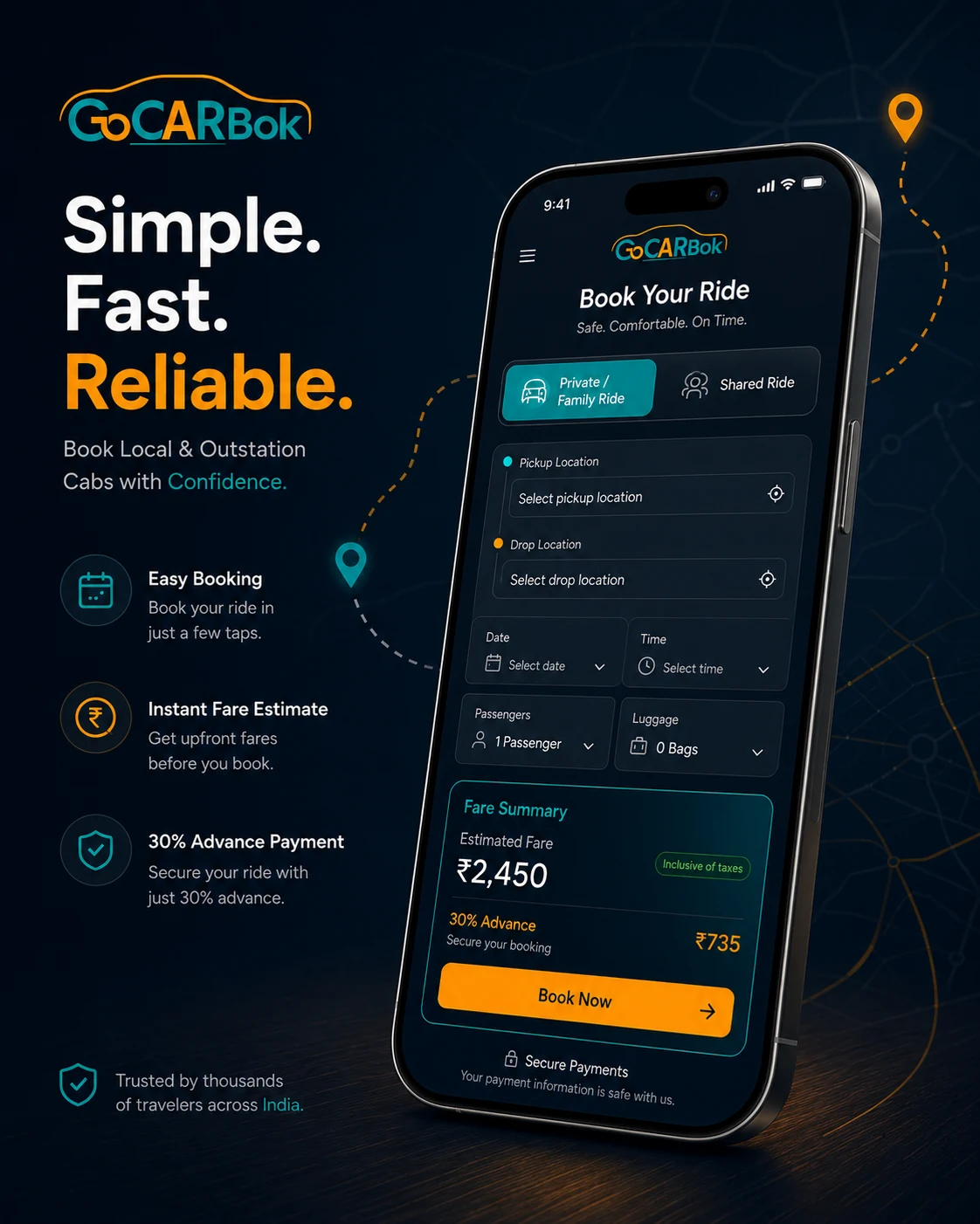 GoCarBook app-style route and booking preview
